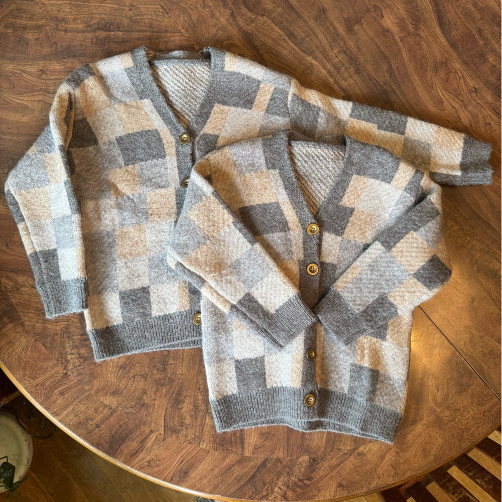Gray and Cream Neutral Checkered Grandpa Cardigan Sweaters Boys 4&5